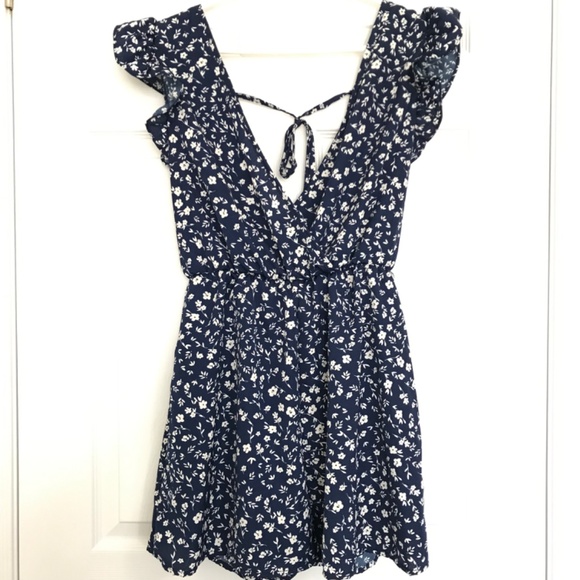 SHEIN Deep V-Neck Frill Tie Accent Floral Romper XS Dark Navy Blue White - Picture 2 of 16